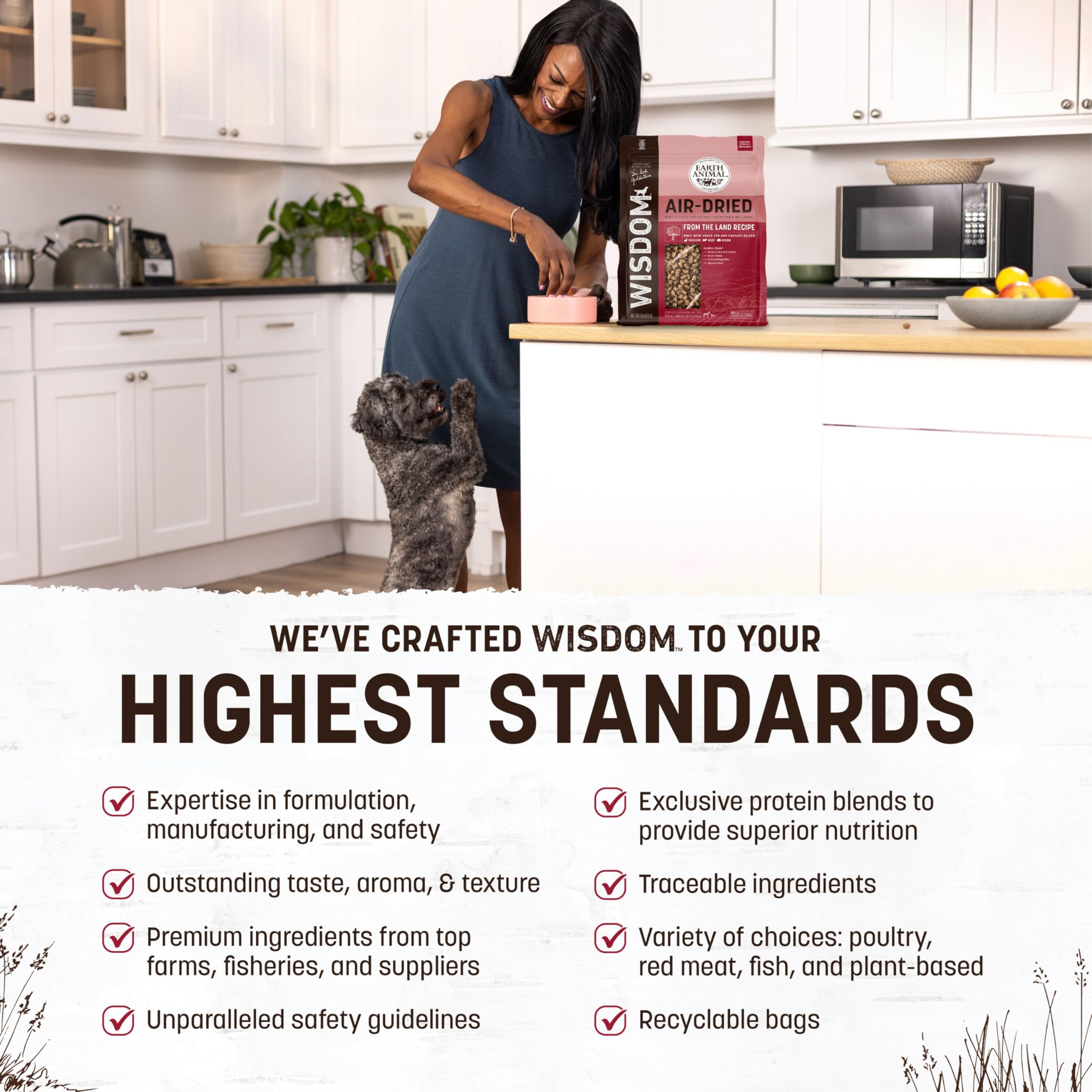 Earth Animal Wisdom air-dried dog food serving-bowl demonstrates convenient feeding.