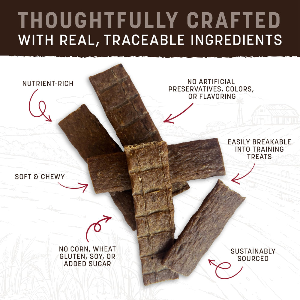Earth Animal Wisdom Air Dried Jerky beef liver detail emphasizes natural ingredients and flavor.