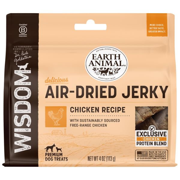 Earth Animal Wisdom air dried jerky chicken bag exterior—premium training reward.