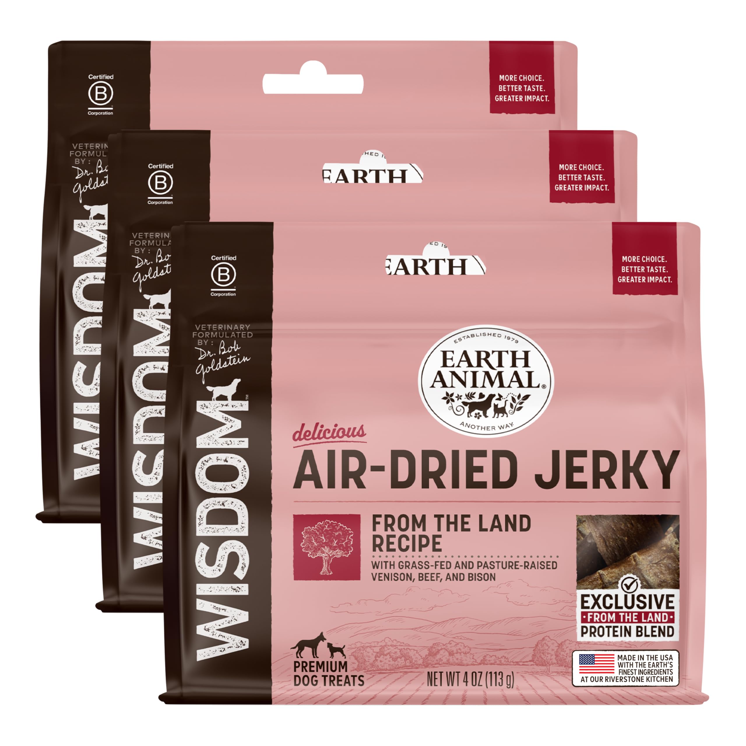 Earth Animal Wisdom Air Dried Jerky land-recipe packaging shows premium dog treats for daily rewards.