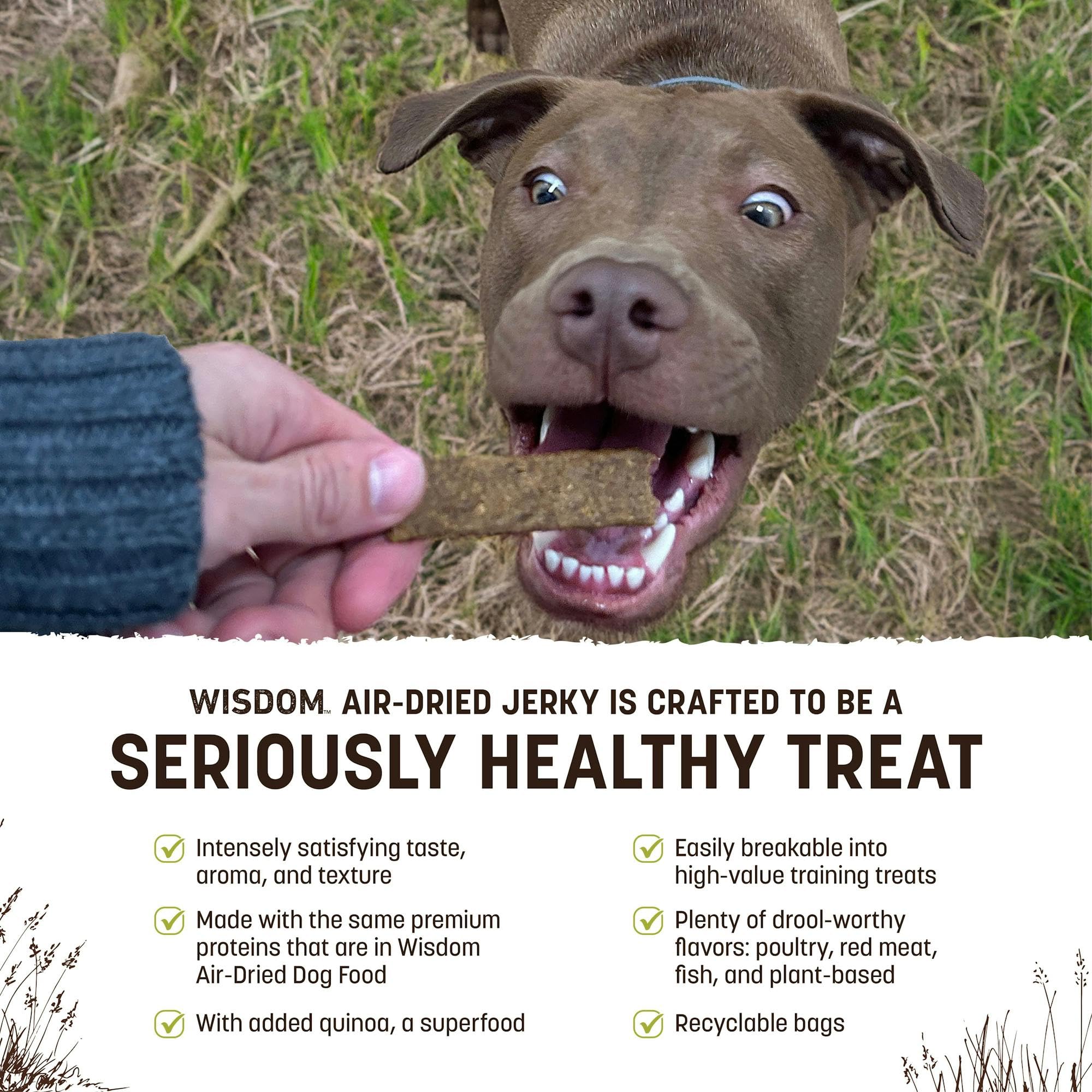 Earth Animal Wisdom air-dried jerky open bag shows real ingredients for satisfying snacks.