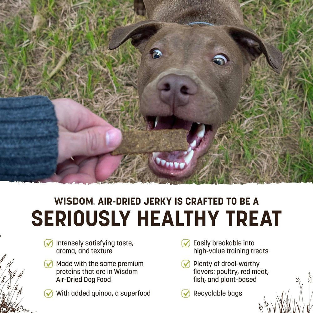 Earth Animal Wisdom air-dried jerky open bag shows real ingredients for satisfying snacks.