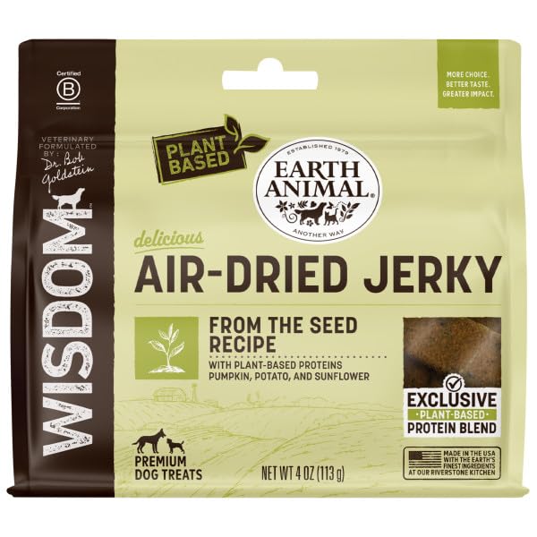 Earth Animal Wisdom air-dried jerky pack shot highlights premium plant-based dog treats for daily chewing.