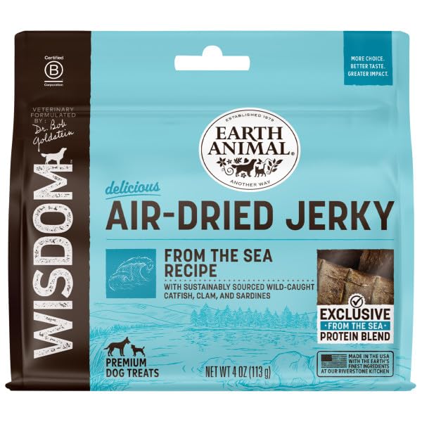 Earth Animal Wisdom Air Dried Jerky Sea Recipe bag front for premium dog treats and training
