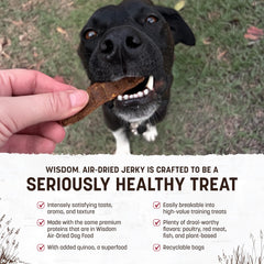Earth Animal Wisdom Air Dried Jerky venison close-up highlights a protein-rich snack for dogs.