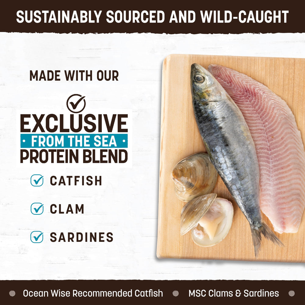Earth Animal Wisdom sea-ingredients closeup features sardines, catfish, and clams for balanced nutrition.
