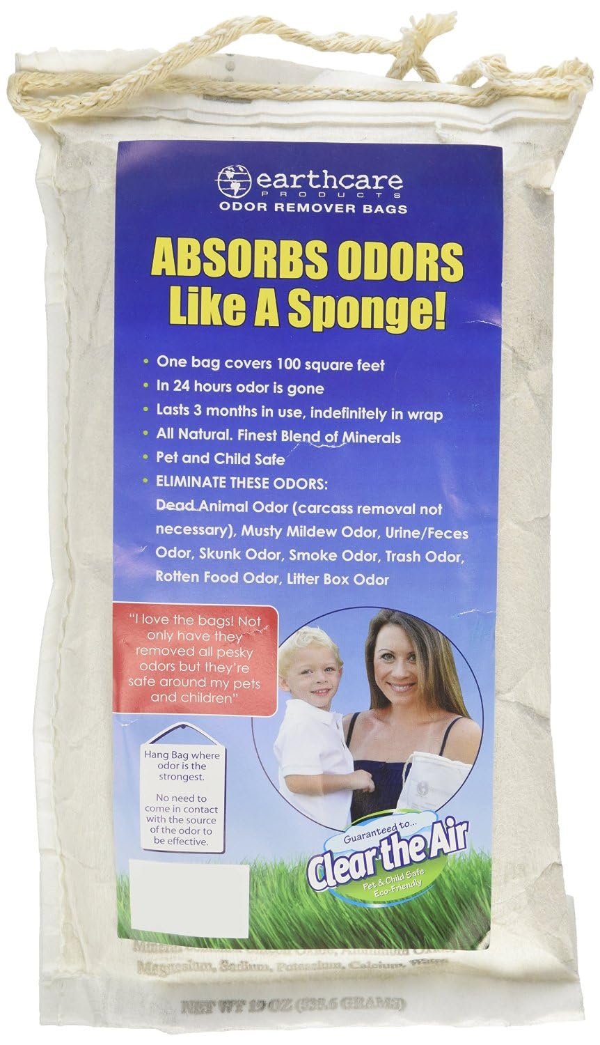 Earth Care odor removing bag in a room clears pet and musty odors naturally
