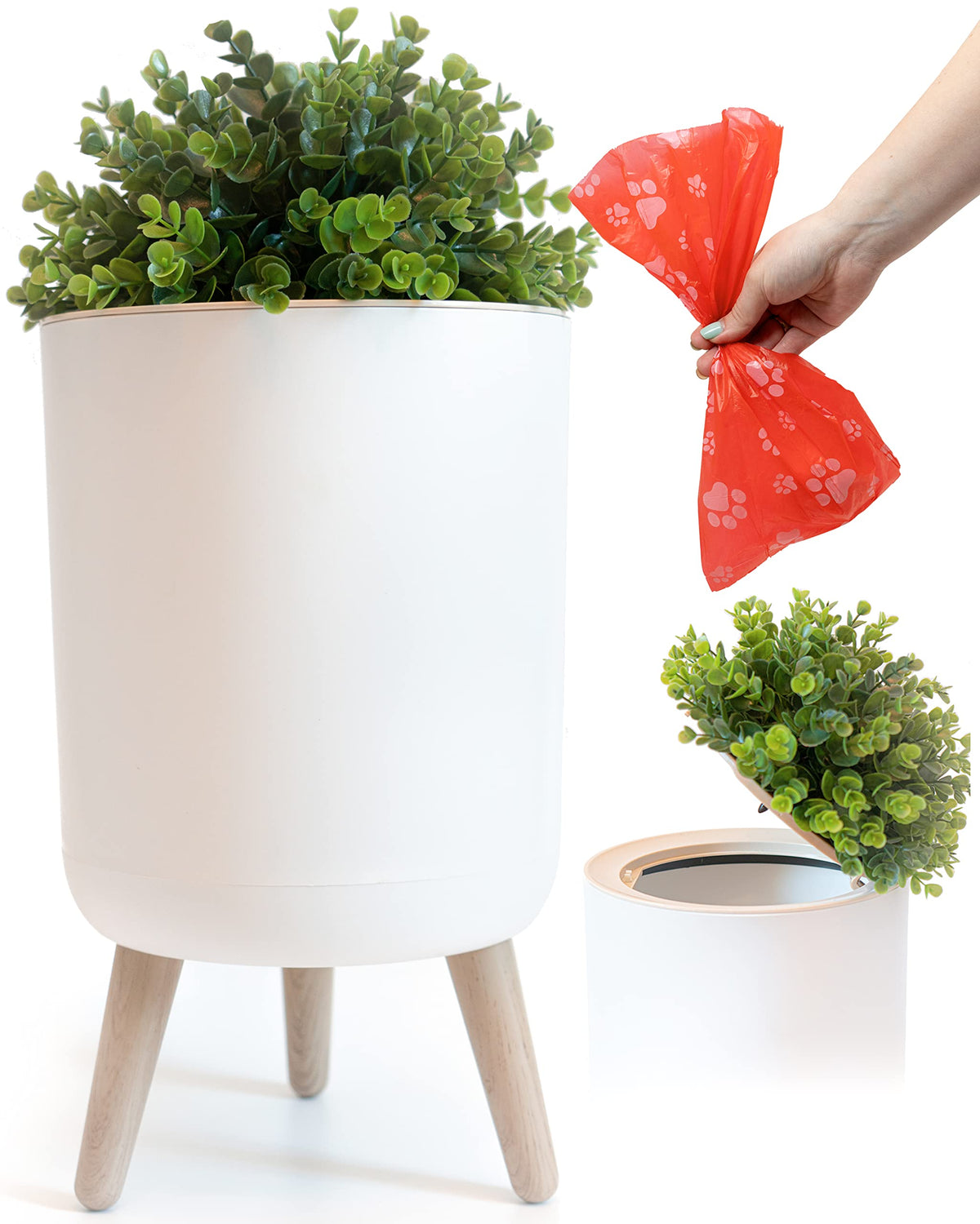 Earth & Mango small outdoor trash can with lid blends with patio decor for discreet pet waste disposal.