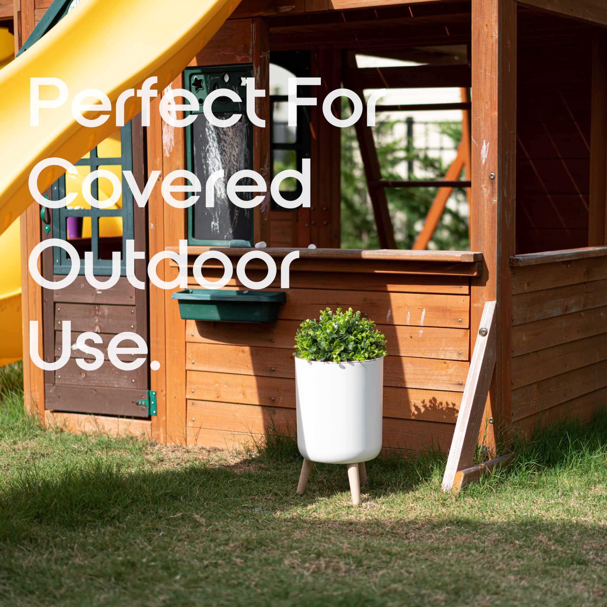 Earth & Mango 18-inch tall by 9-inch wide trash can fits compact outdoor spaces.