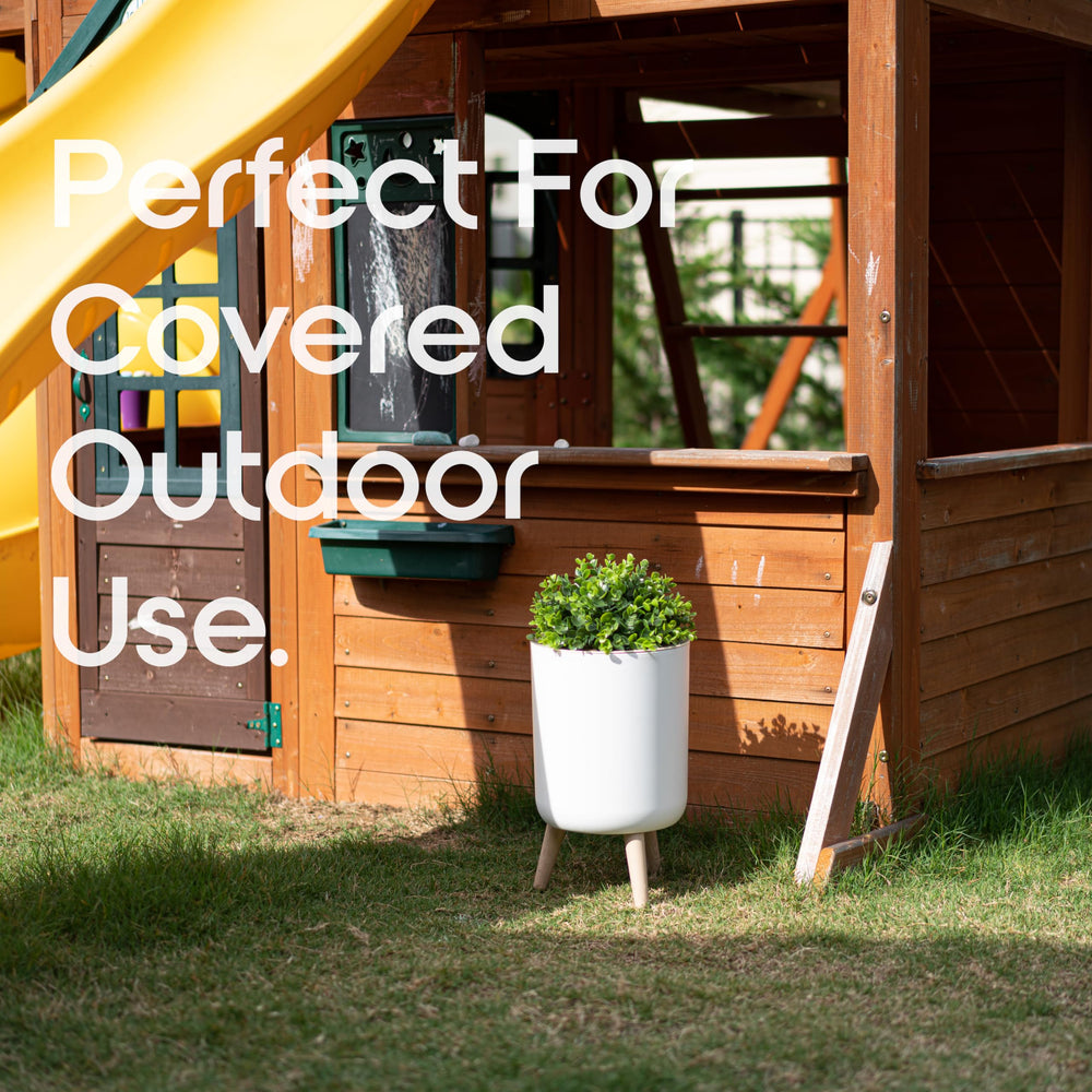 Earth & Mango 18-inch tall by 9-inch wide trash can fits compact outdoor spaces.