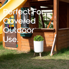Earth & Mango 18-inch tall by 9-inch wide trash can fits compact outdoor spaces.