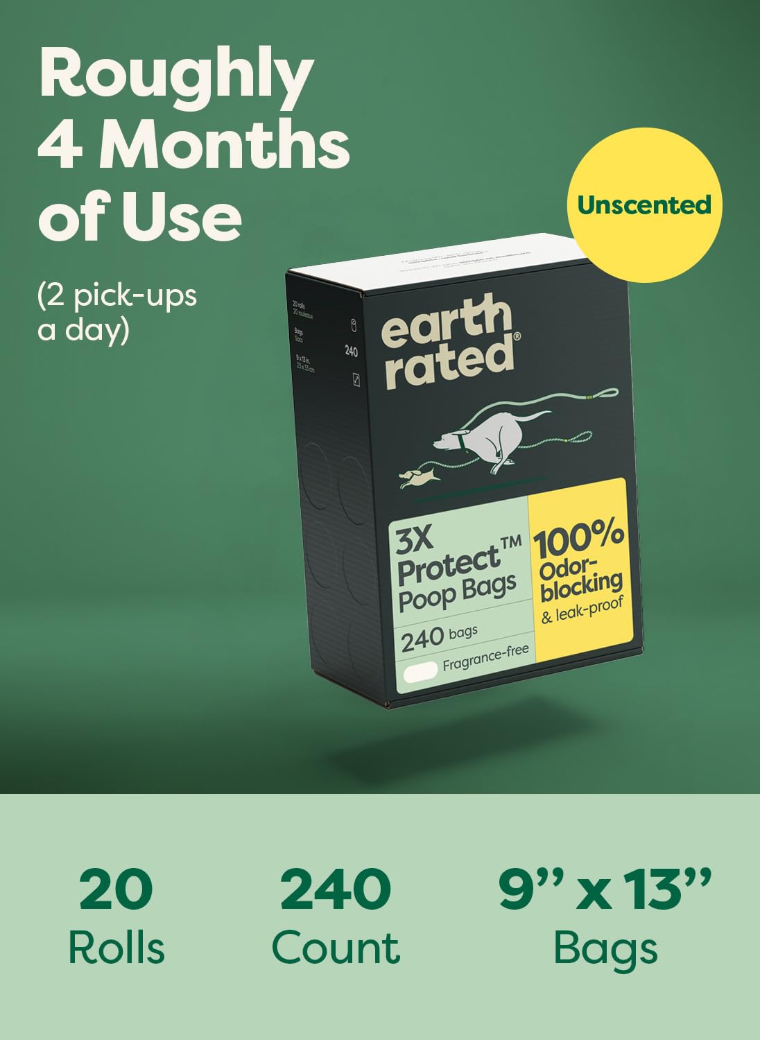 Earth Rated 35% post-consumer recycled plastic supports eco-friendly dog care.