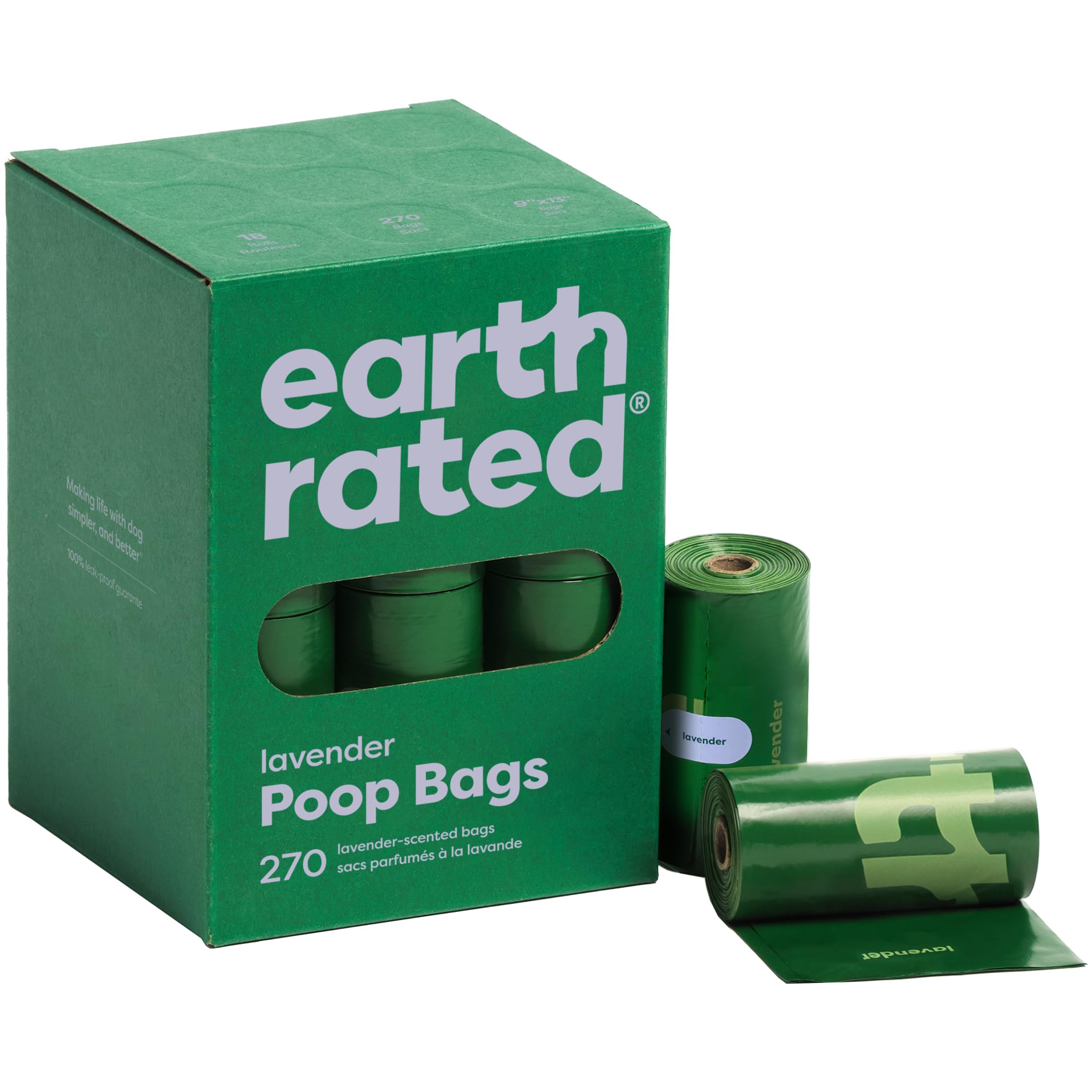 Bolsas Earth Rated para caca de perros con aroma a lavanda, fáciles de usar durante paseos.