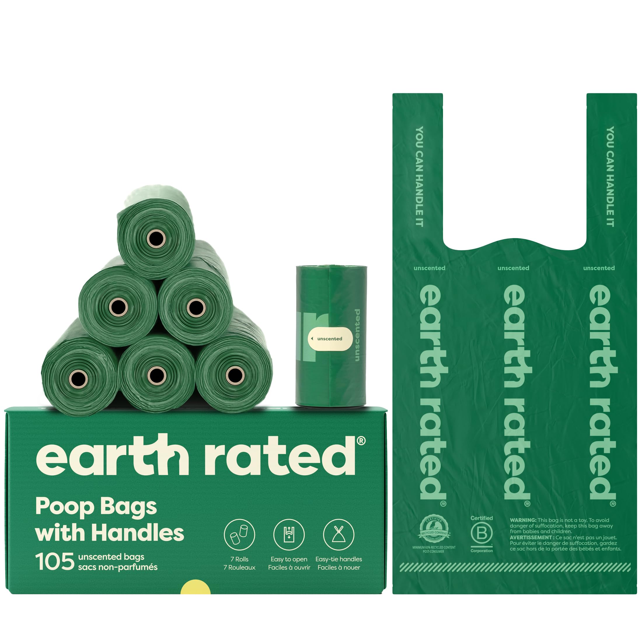 Earth Rated dog poop bags with handles open wide for easy pickup.