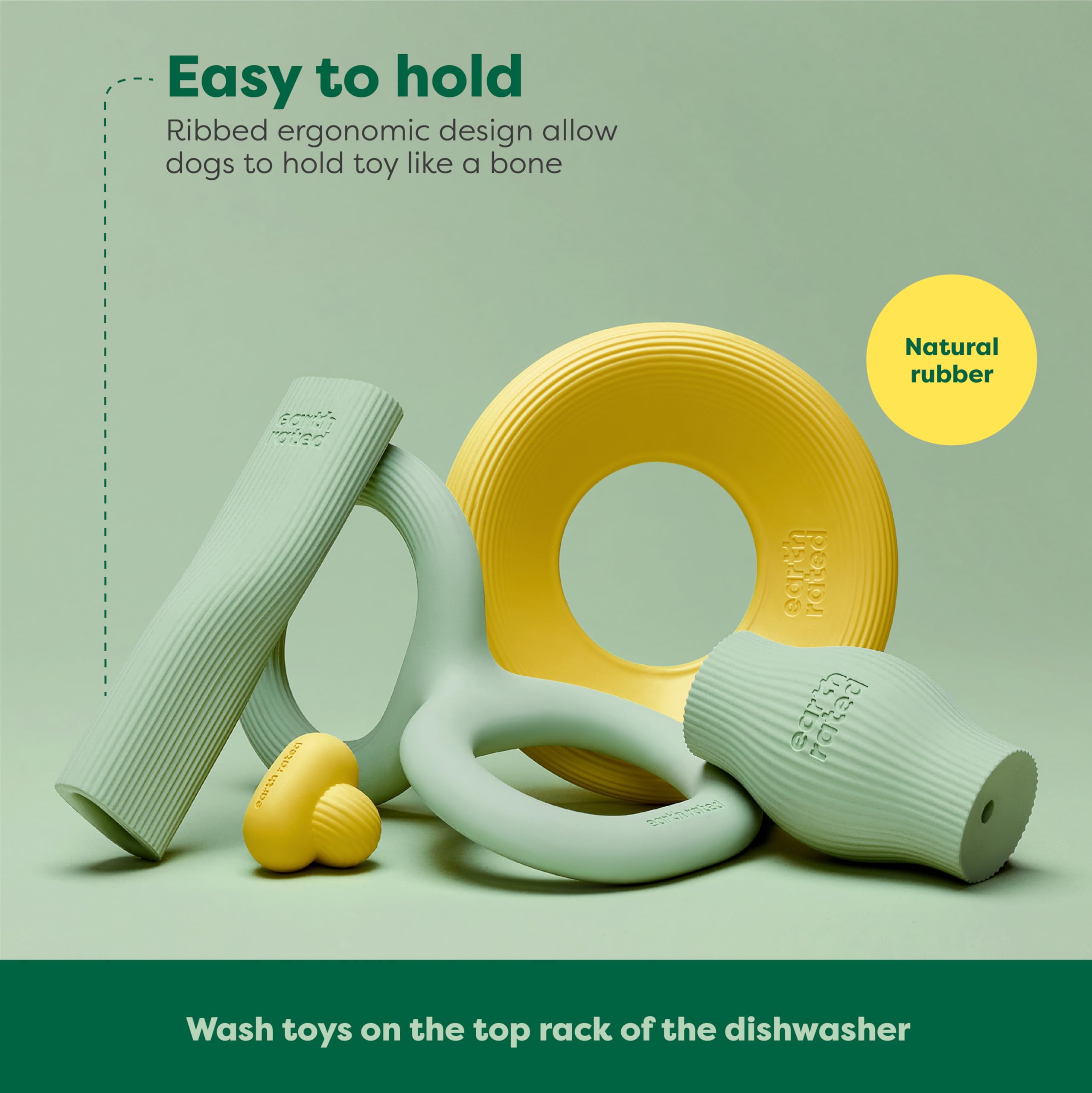 Earth Rated dog toy top rack dishwasher safe ensures easy cleanup after play.