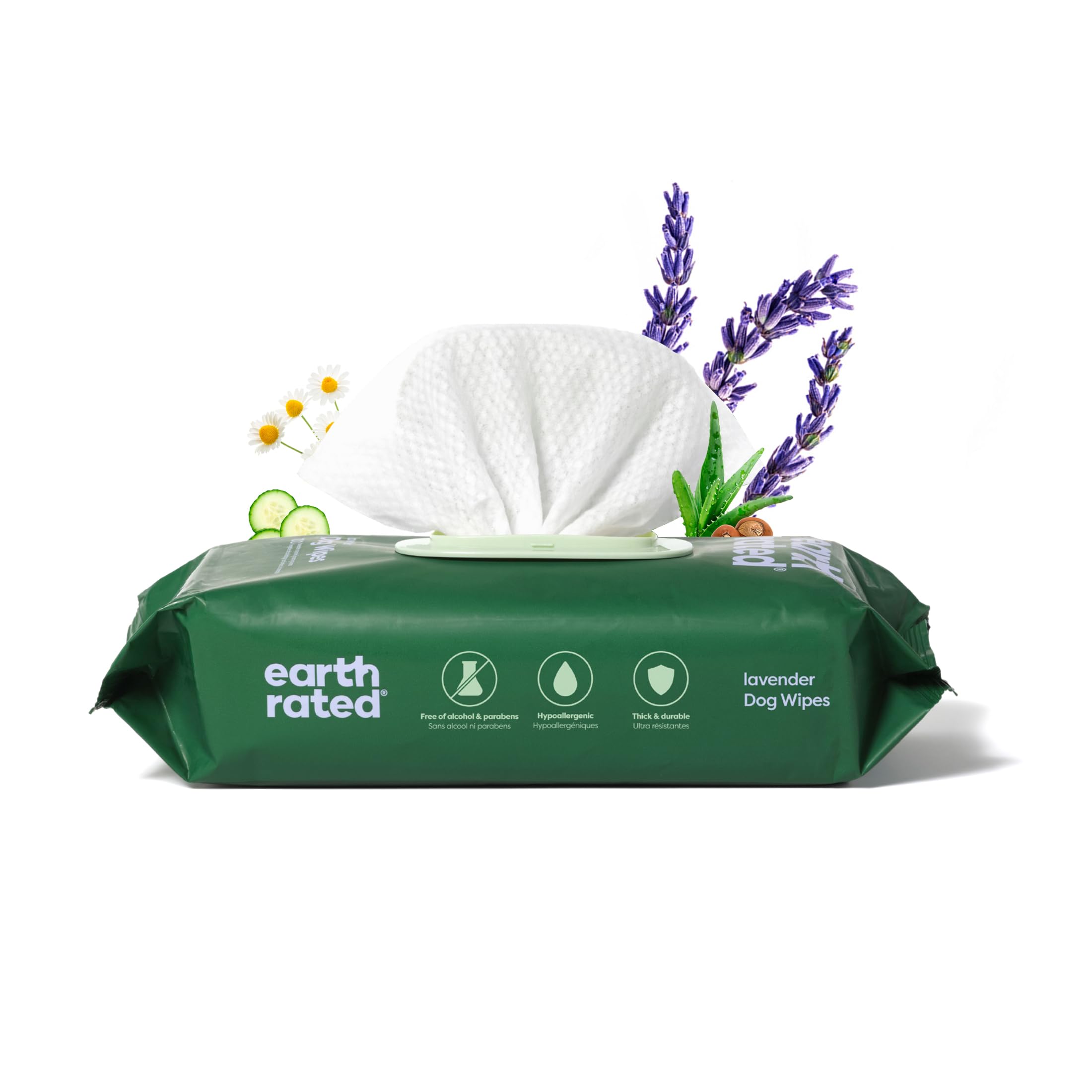 Earth Rated Dog Wipes pack shot shows a 100-count container for easy grooming sessions.