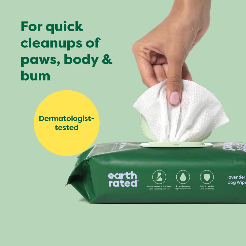 Earth Rated Dog Wipes paws cleaning image highlights quick cleans after outdoor adventures.