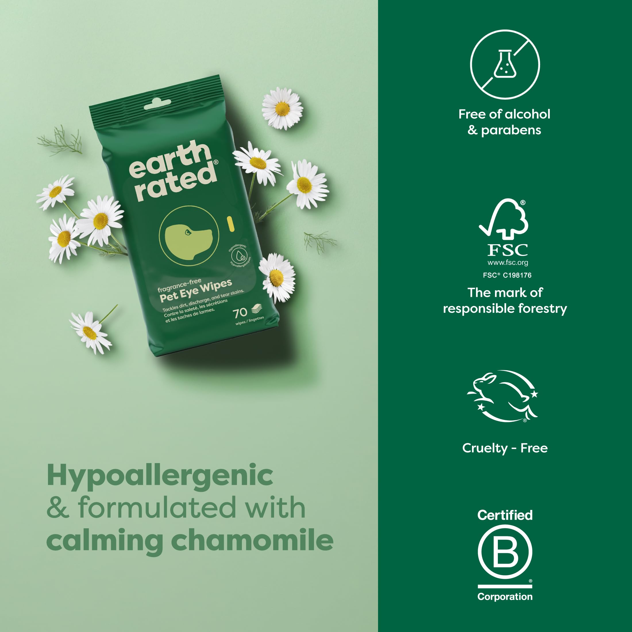 Earth Rated Eye Wipes chamomile soothing formula around eyes.
