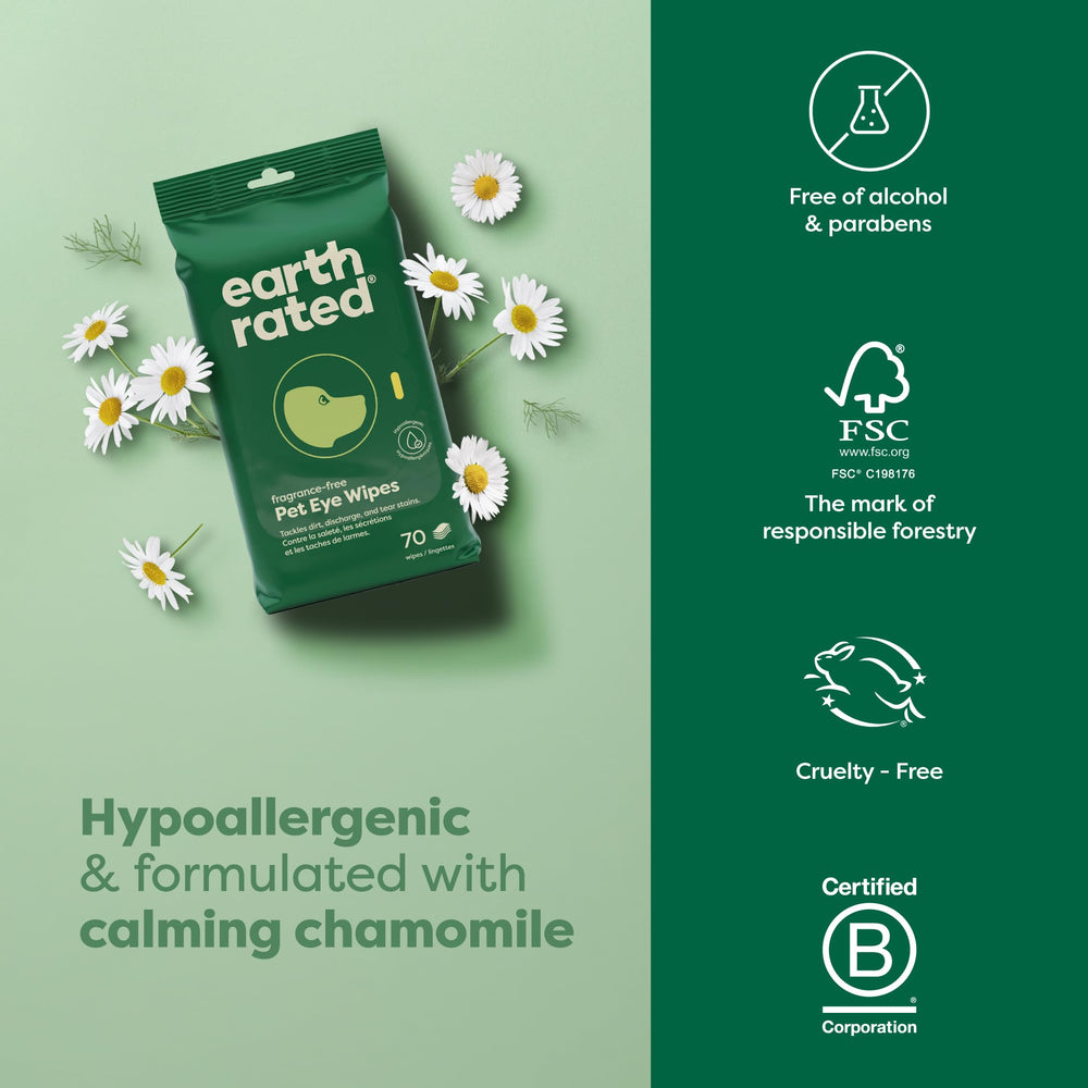 Earth Rated Eye Wipes chamomile soothing formula around eyes.