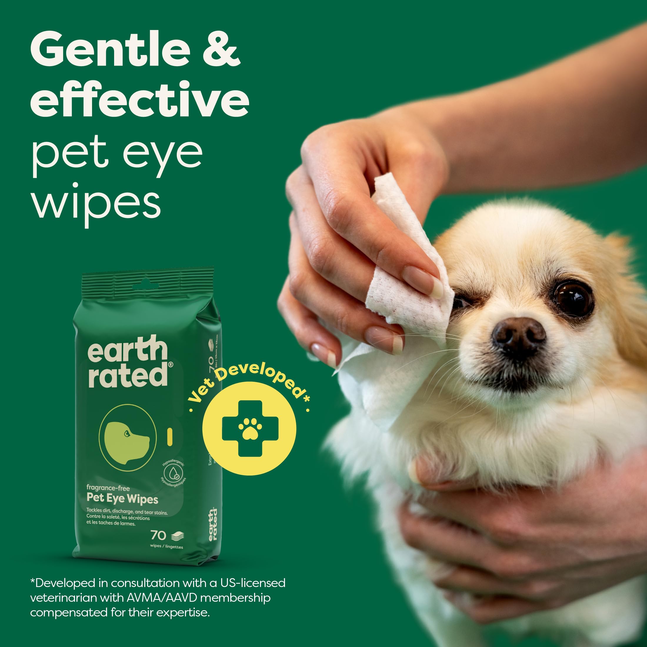 Earth Rated Vet-Developed Eye Wipes close-up during eye cleaning.