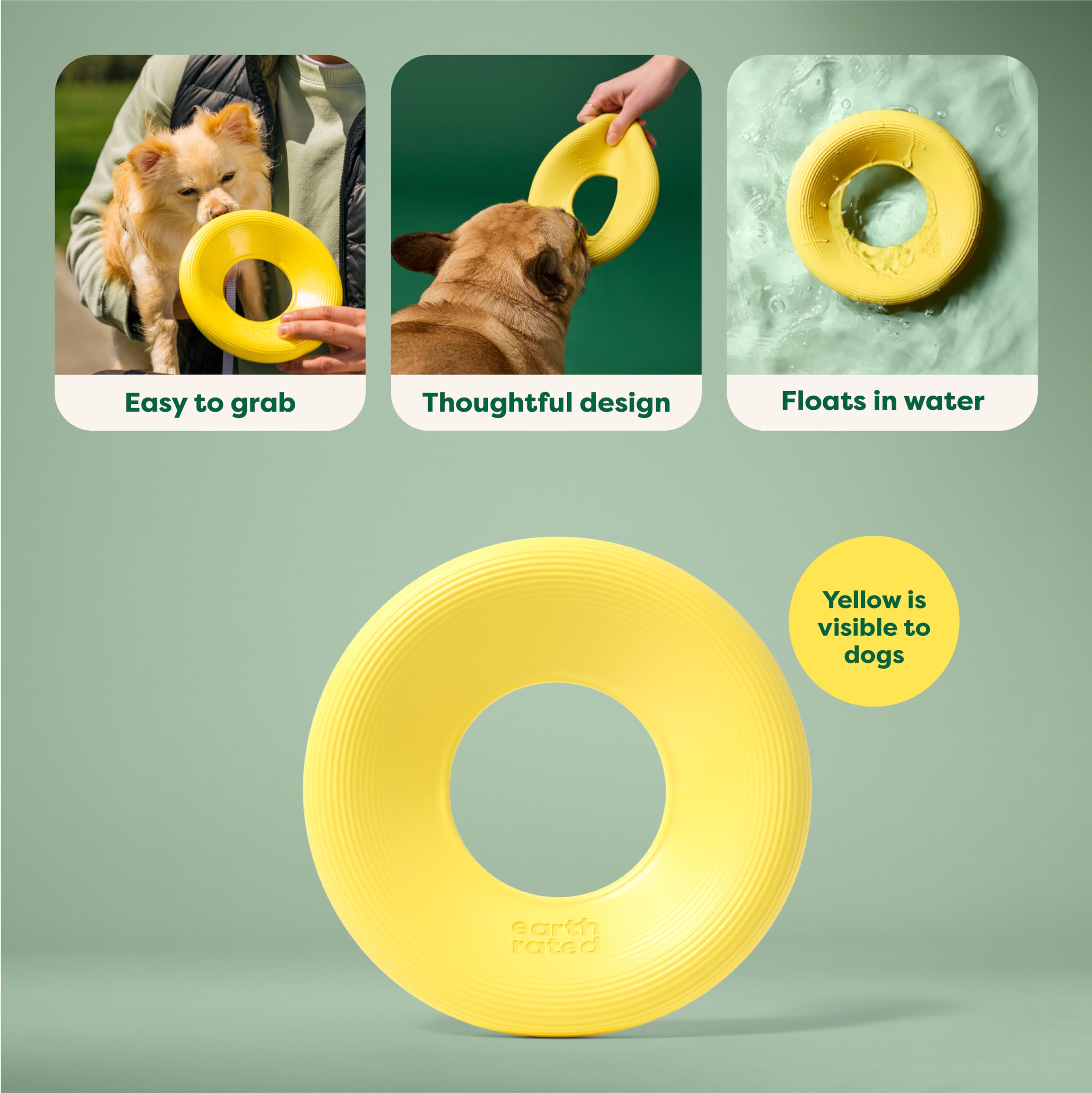 Earth Rated Flying Disc Toy yellow side grip demonstrates comfortable hold during fetch.