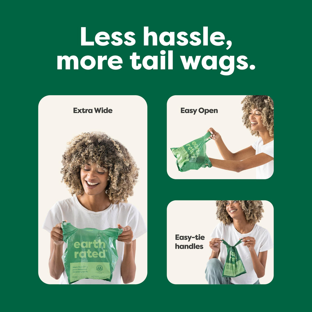 Earth Rated leakproof bags demonstrate 13.5x7-inch size for roomy waste coverage.