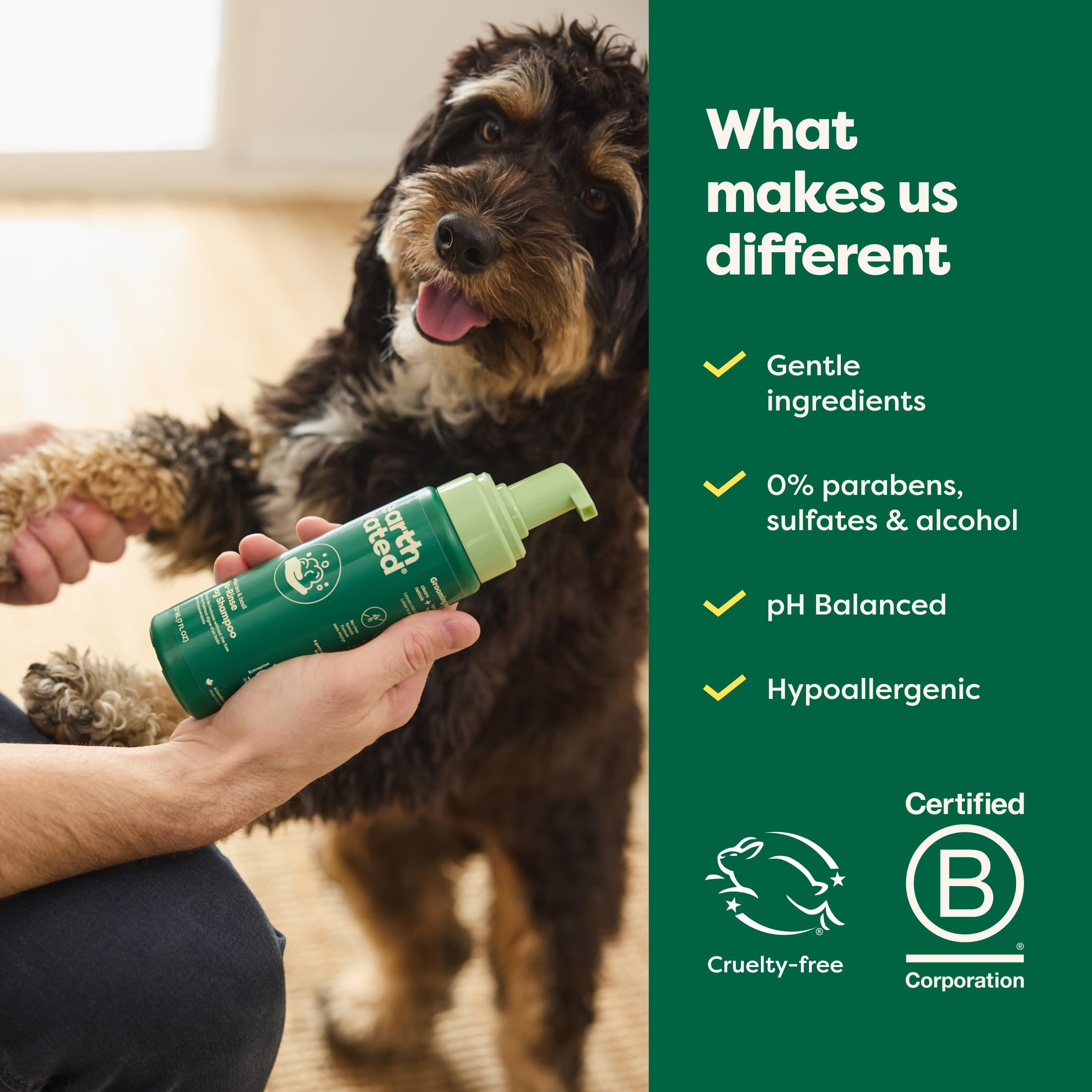 Earth Rated Leaping Bunny certified cruelty-free packaging communicates ethical grooming.