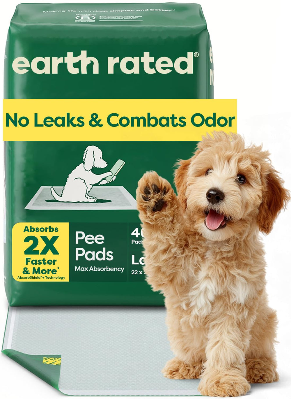 Earth Rated Max Absorbency Puppy Pad with AbsorbShield technology for fast absorption and less tracking