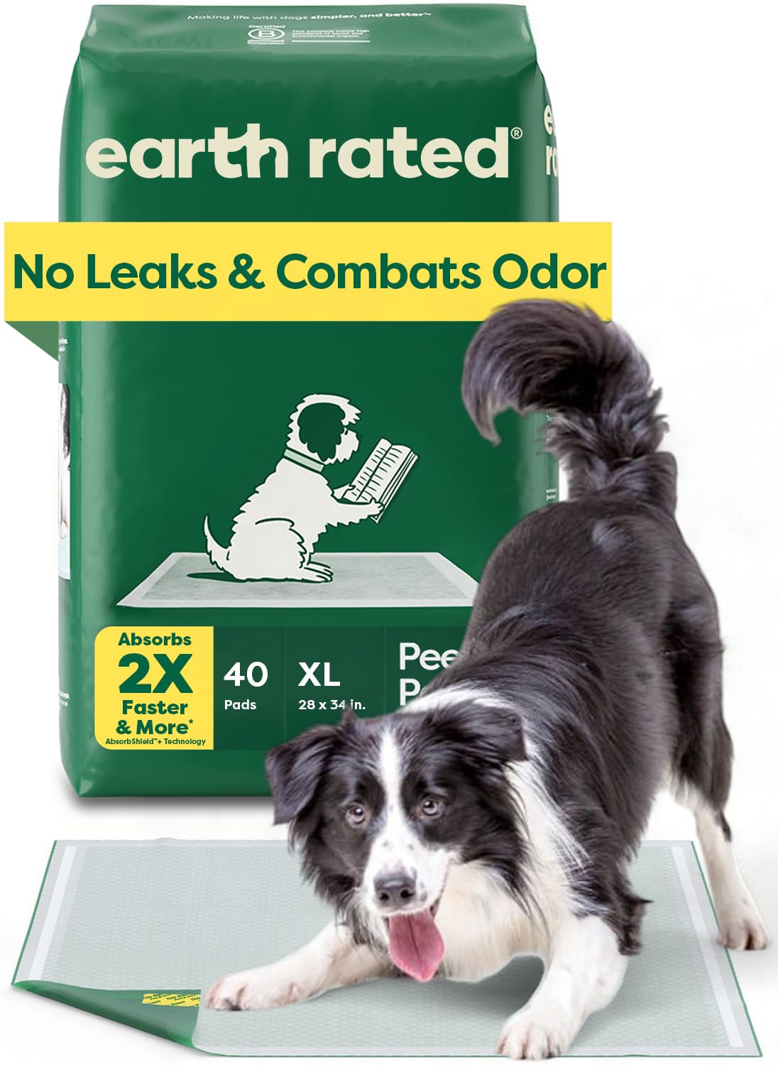 Earth Rated Max Absorbency Puppy Pad box demonstrates easy setup for potty training.