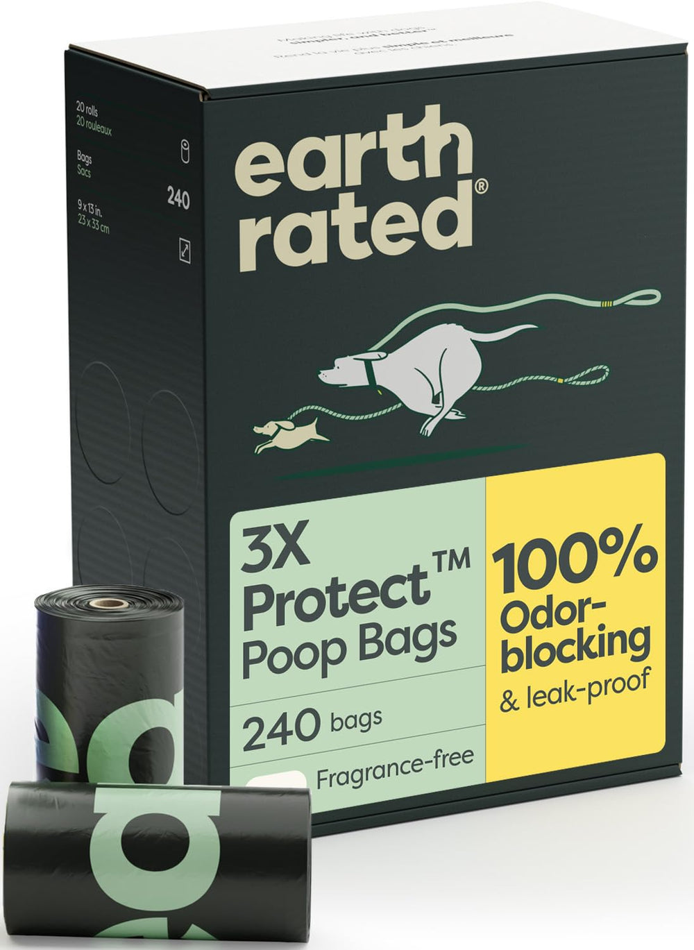 Earth Rated odor-blocking poop bags on a roll showcasing 3x protect for odor control during walks.