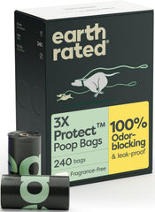Earth Rated odor-blocking poop bags on a roll showcasing 3x protect for odor control during walks.