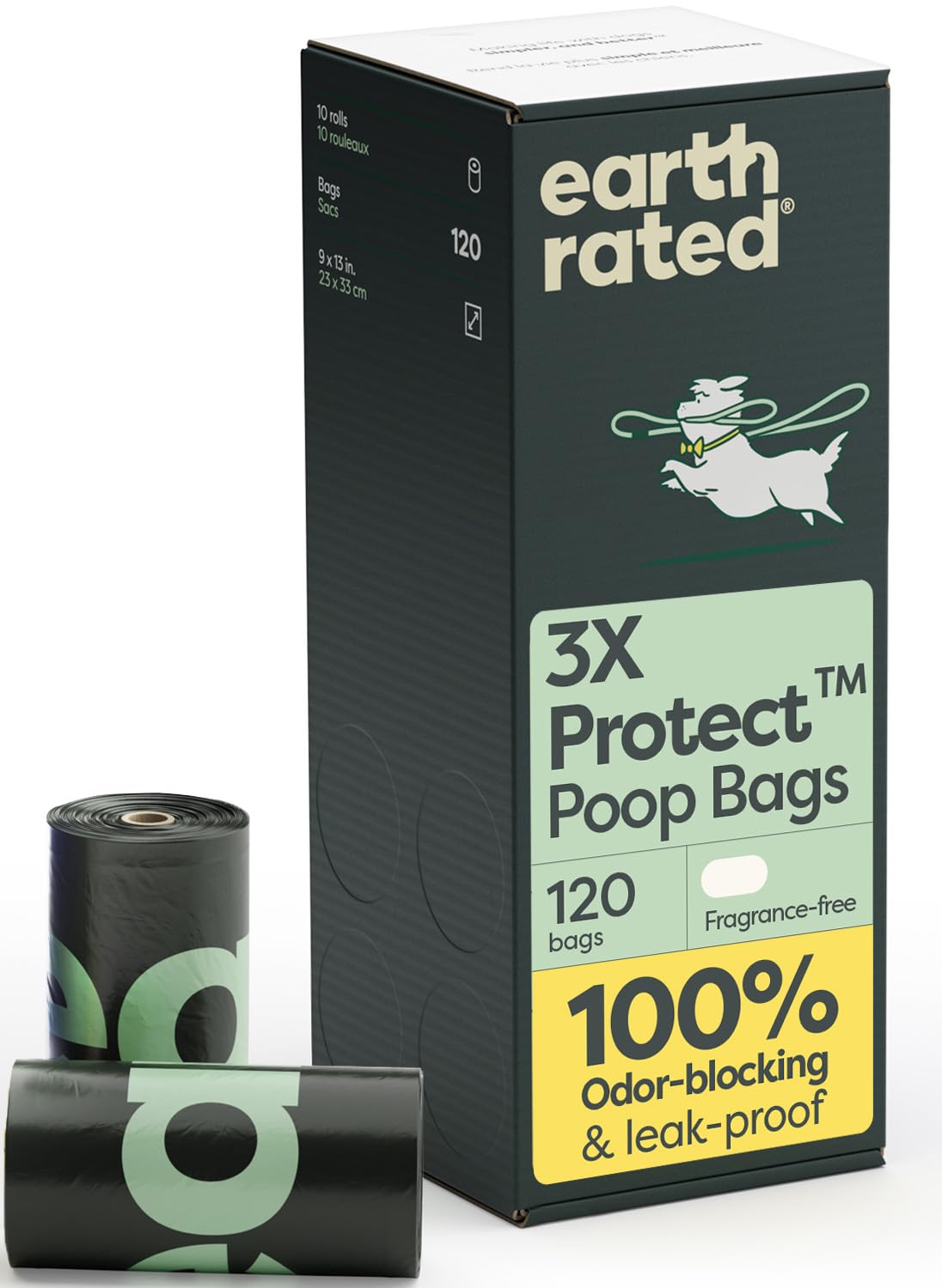 Earth Rated odor-blocking poop bags with 3x Protect conceal smells during walks