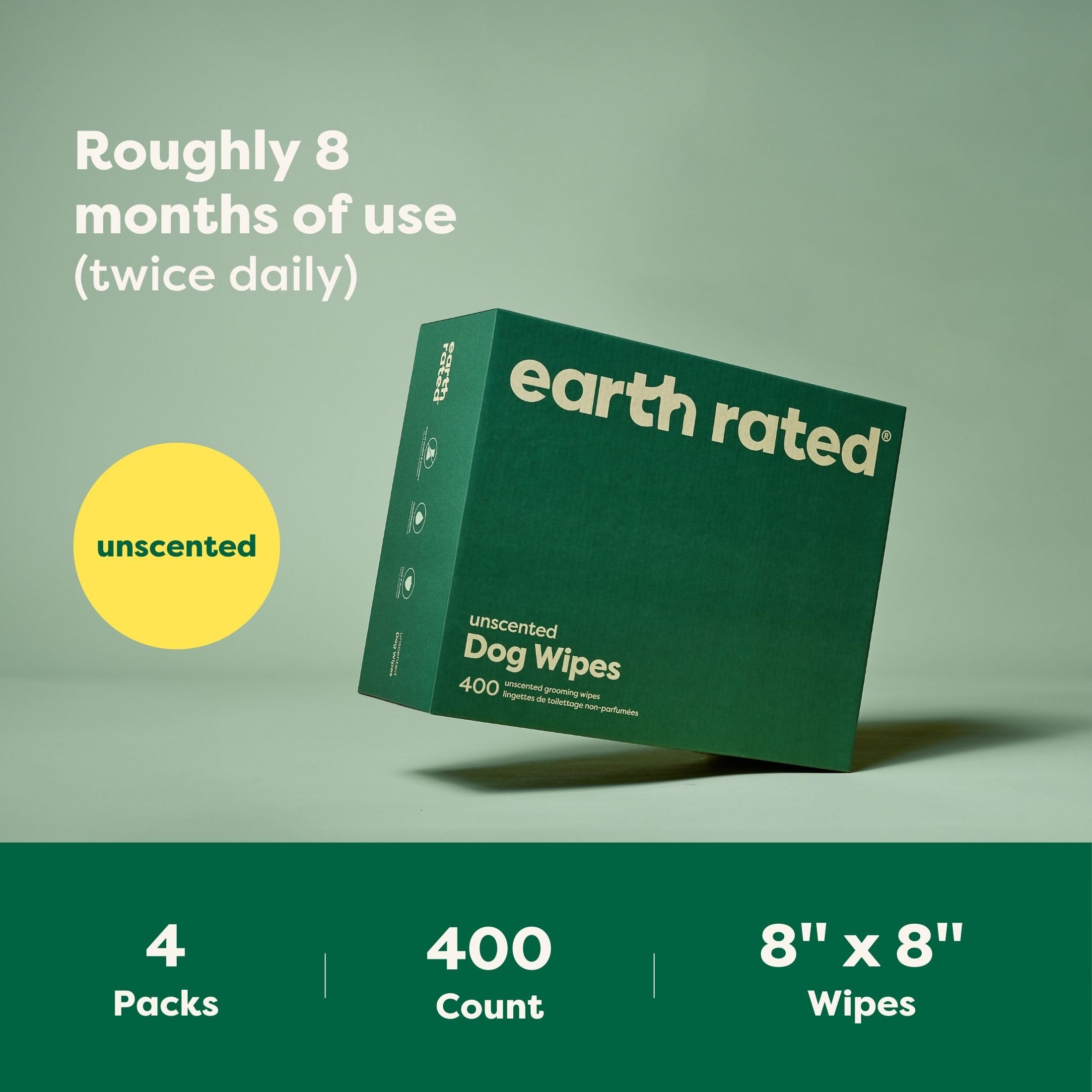 Earth Rated Pet Wipes 8x8 inch sheets for effective cleaning.