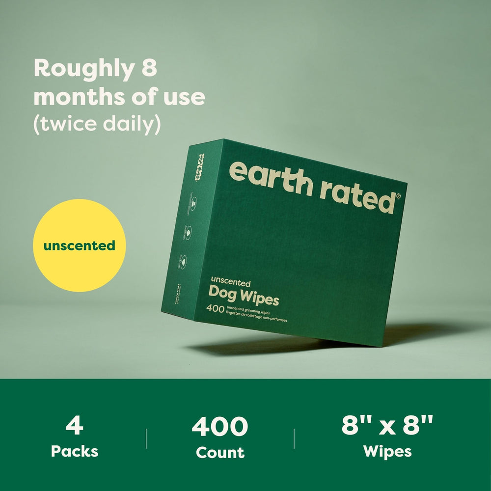 Earth Rated Pet Wipes 8x8 inch sheets for effective cleaning.