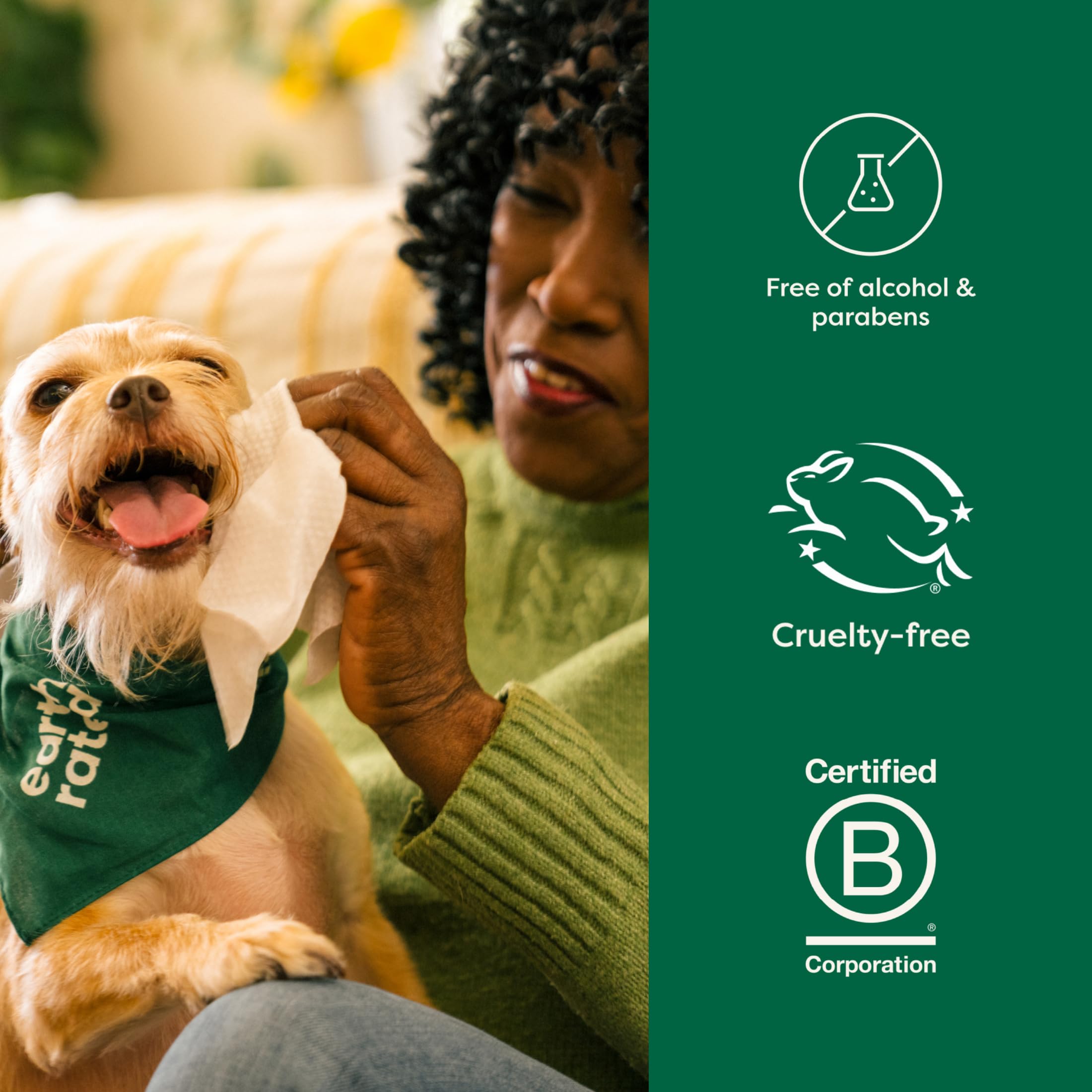 Earth Rated Pet Wipes 98% bio-based material for eco-friendly use.