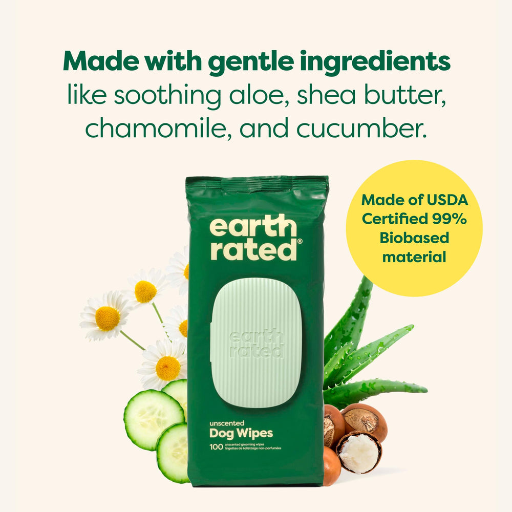 Earth Rated Pet Wipes aloe chamomile formula for soothing cleanup.