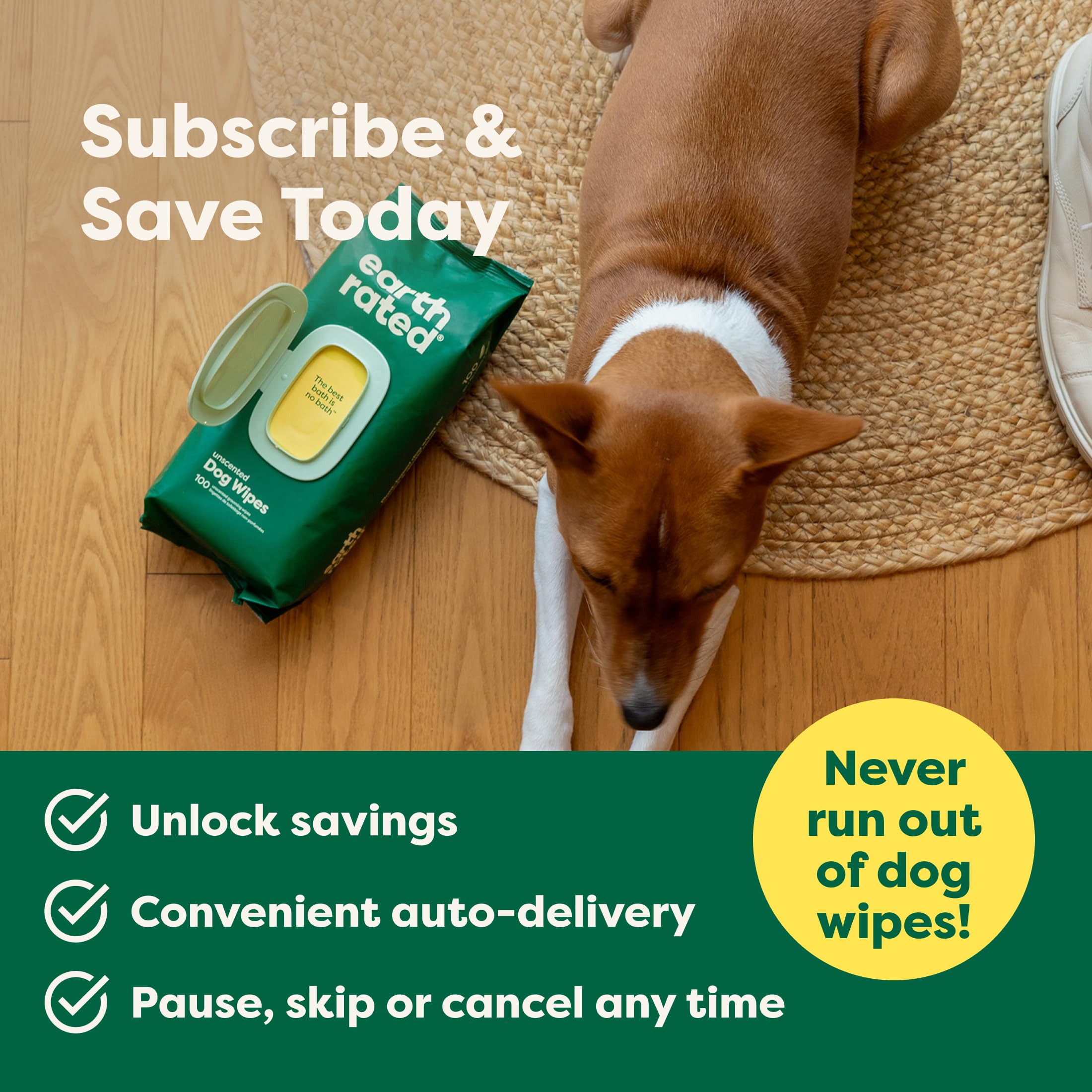 Earth Rated Pet Wipes chamomile image conveys calming, dermatologist-friendly care