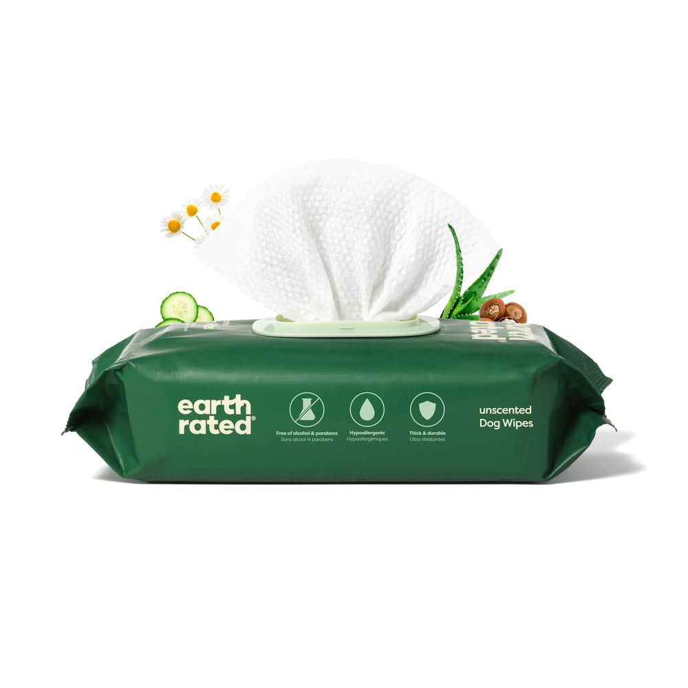 Earth Rated Pet Wipes packaging unscented for dogs and cats keeps care simple