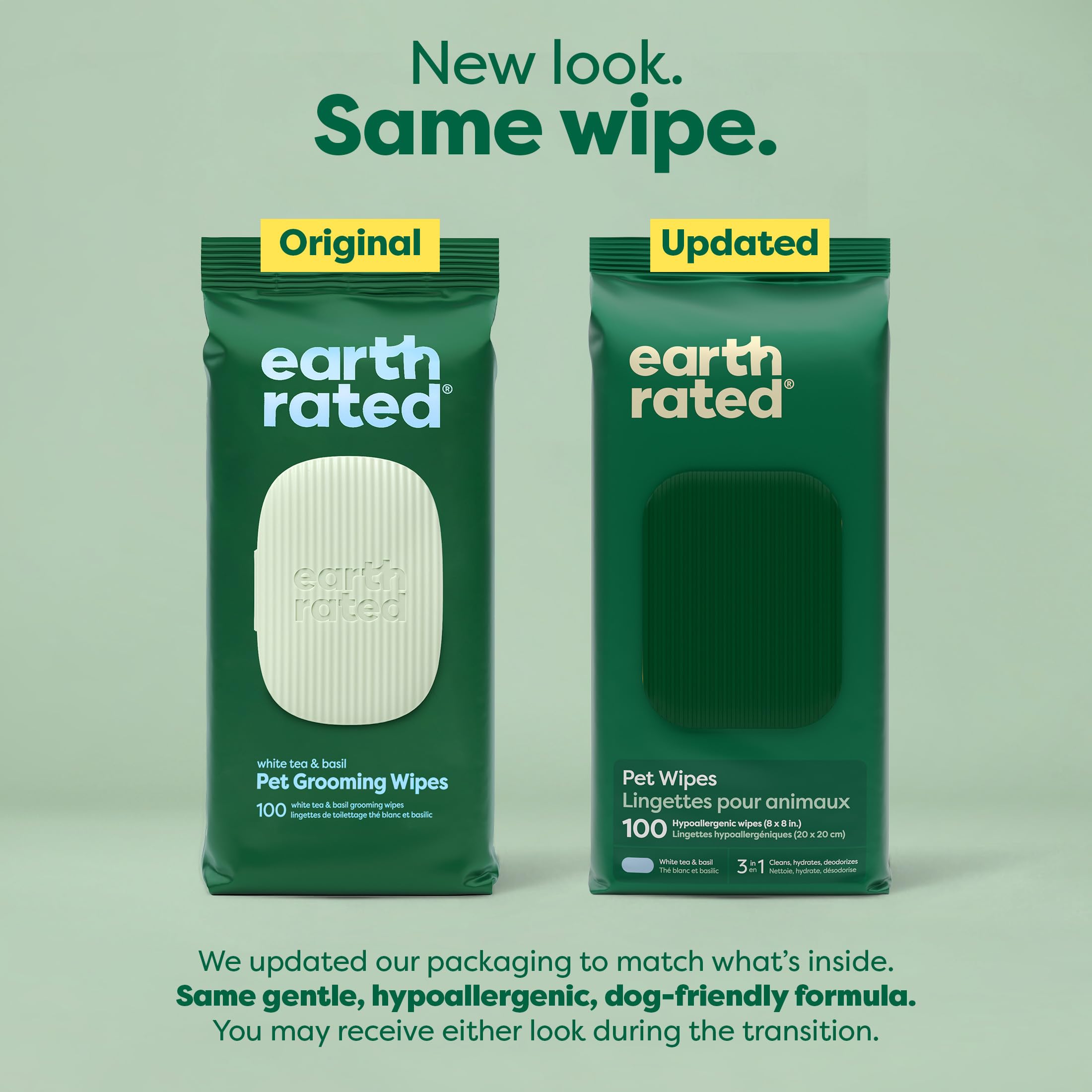 Earth Rated Pet Wipes on paws, body, and butt for quick grooming.