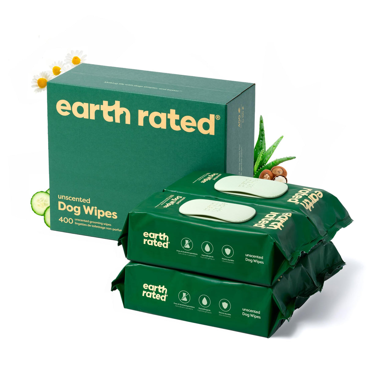 Earth Rated Pet Wipes textured paws after walks for quick cleaning.