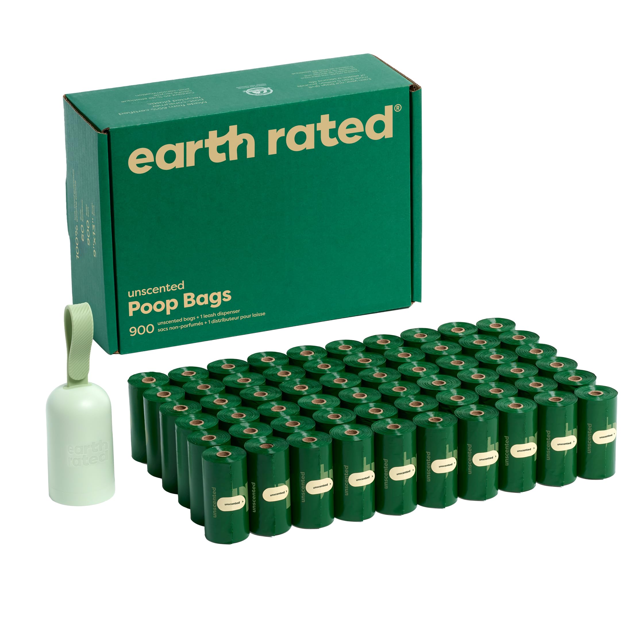 Earth Rated poop bag holder dispenser attached to a leash for quick, hands-free cleanup.
