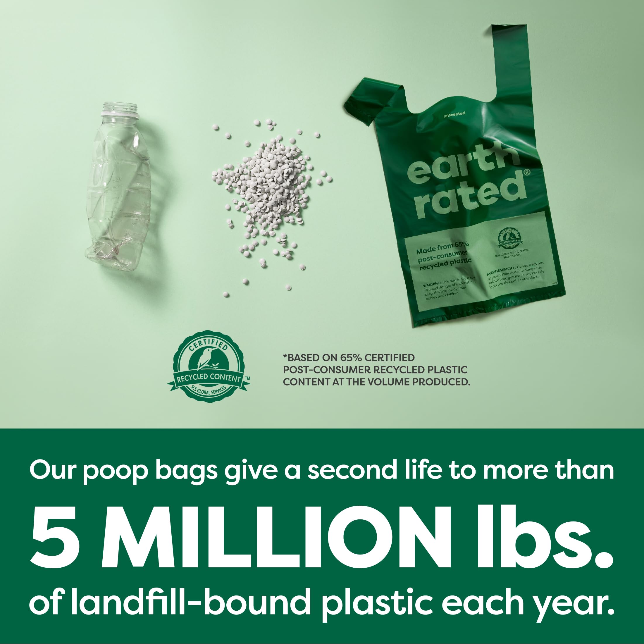 Earth Rated recycled-content badge signals sustainability via post-consumer plastic.