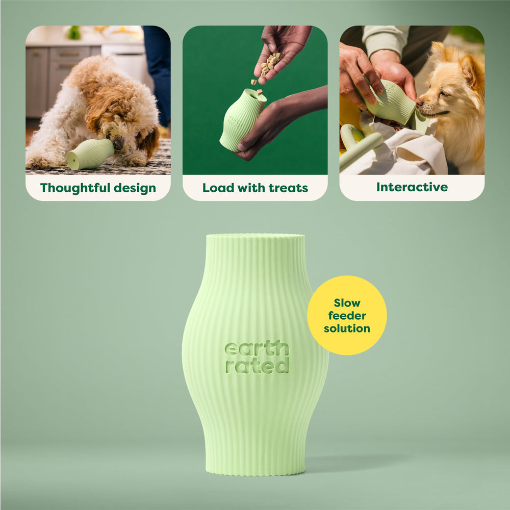 Earth Rated small green enrichment toy demonstrates slow-feeder action to extend snack time