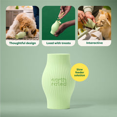 Earth Rated small green enrichment toy demonstrates slow-feeder action to extend snack time