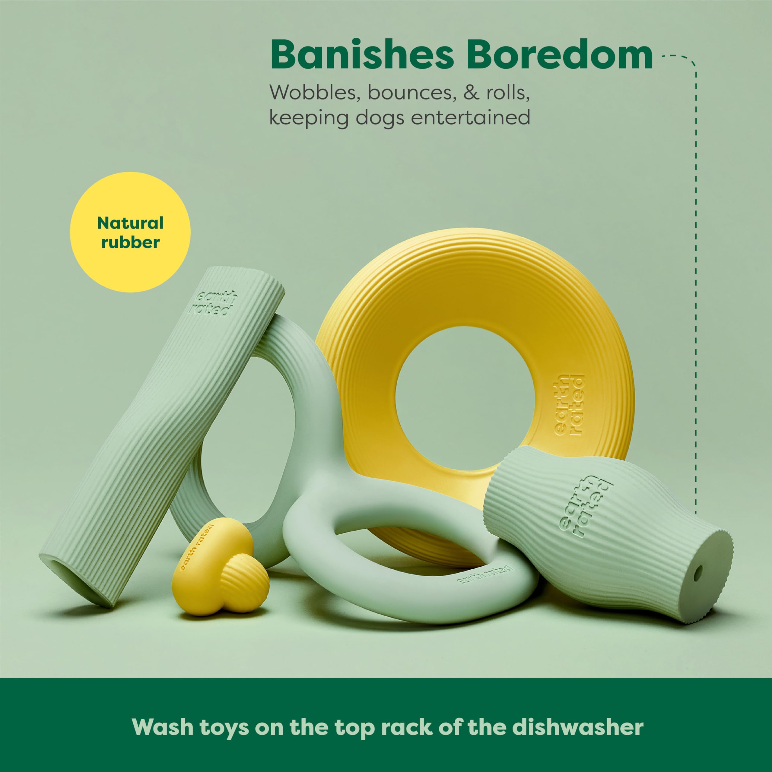 Earth Rated natural rubber toy highlighted for durable, safe chewing during enrichment sessions