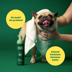 Earth Rated waterless shampoo foam application for fast clean between baths.