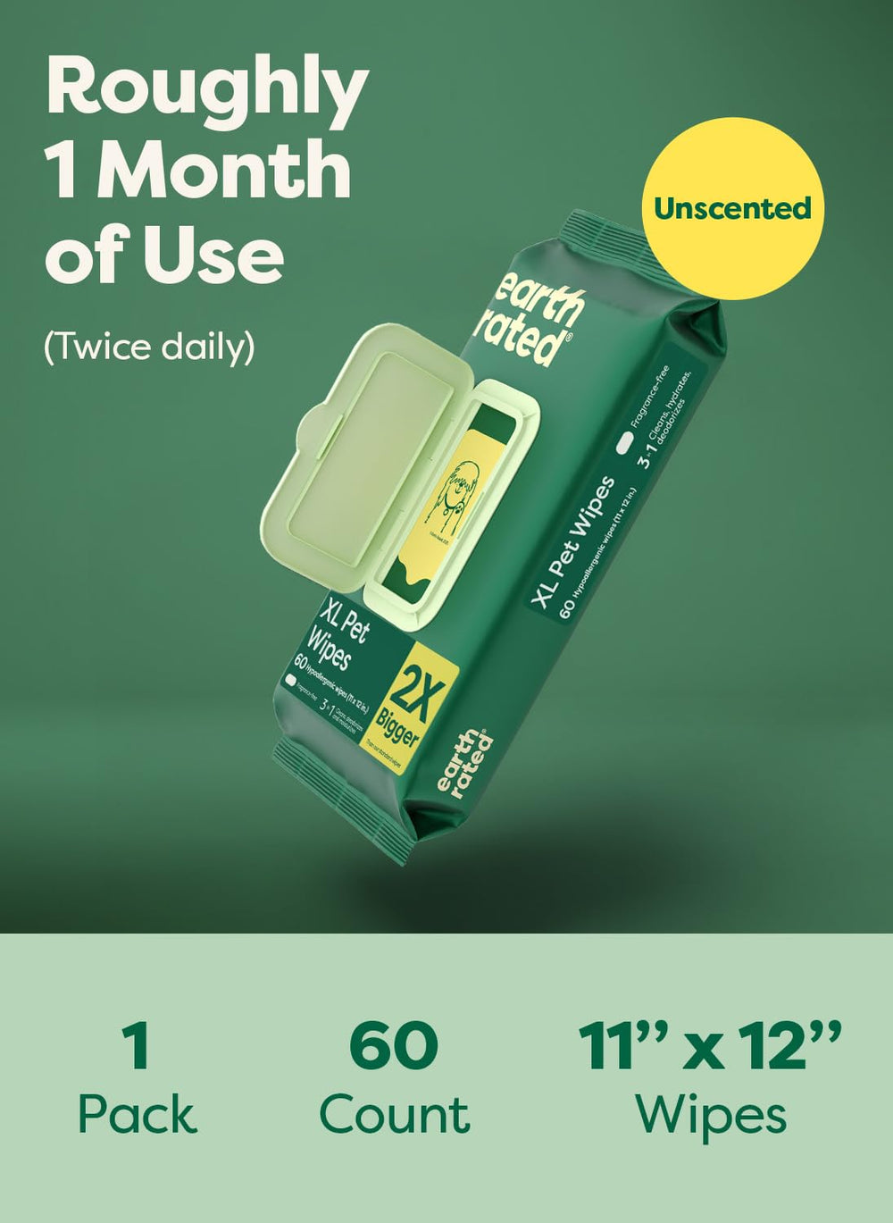 Earth Rated XL Pet Wipes aloe shea chamomile cucumber — soothing ingredients for comfort.