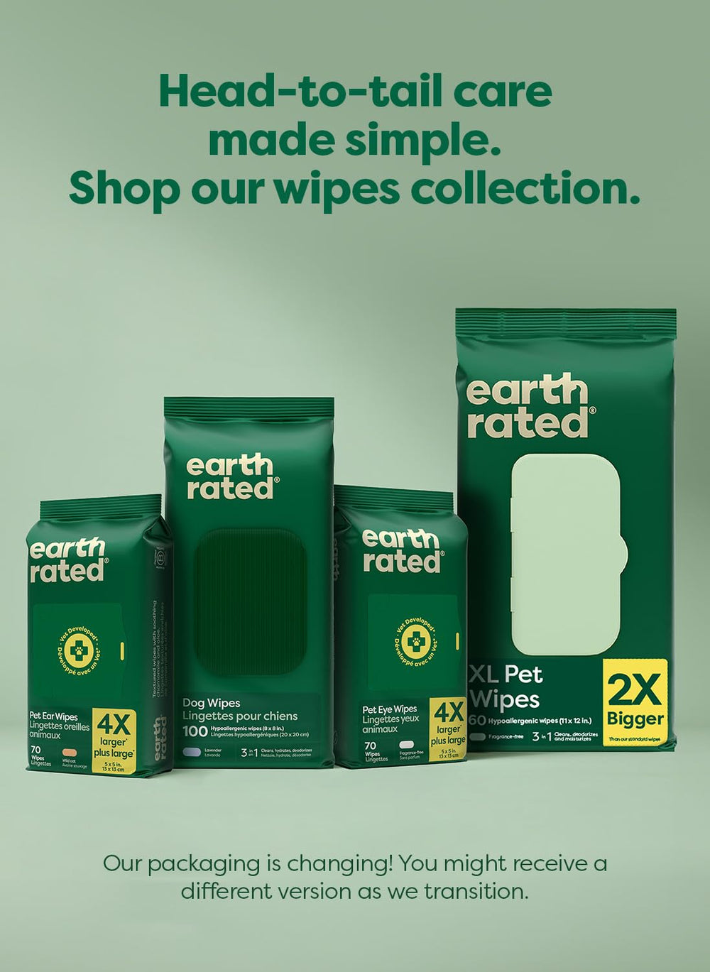 Earth Rated XL Pet Wipes easy clean-up — quick, convenient grooming between baths.