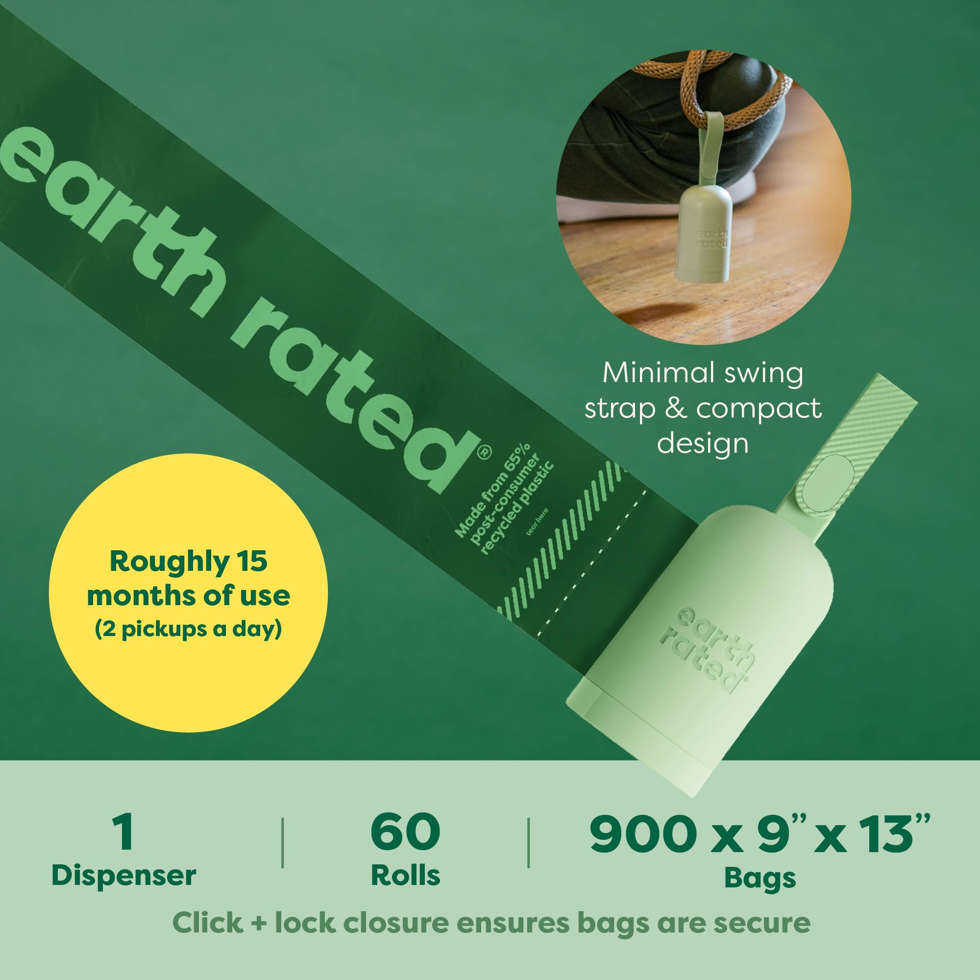 Earth Rated yellow hook holds used bags to keep hands clean.