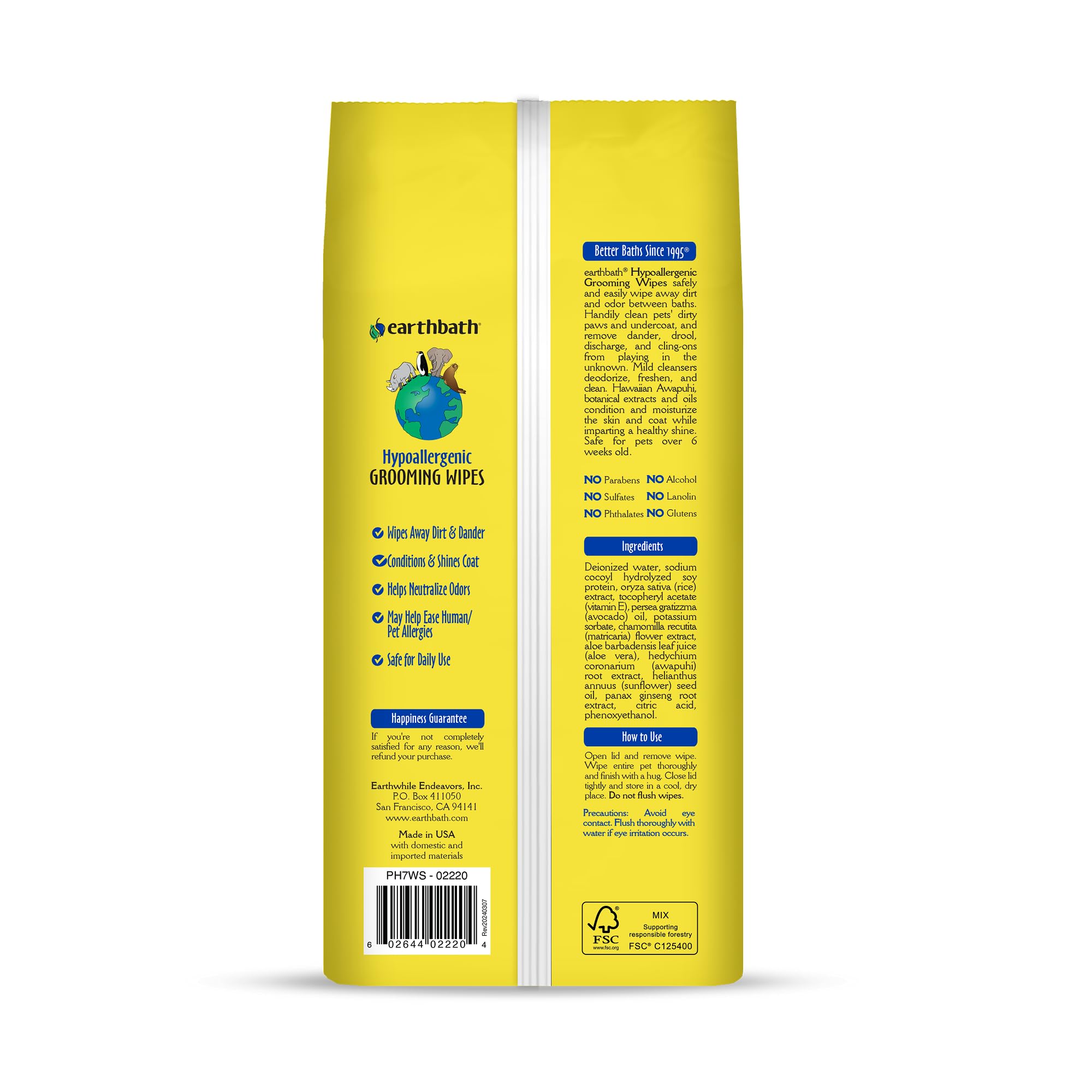 earthbath Dog Grooming Wipes hypoallergenic formula supports sensitive skin during quick grooming sessions.